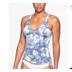 Athleta Tulum Blue Gray White Tankini Padded Swim Top & Bikini Bottoms Size XS